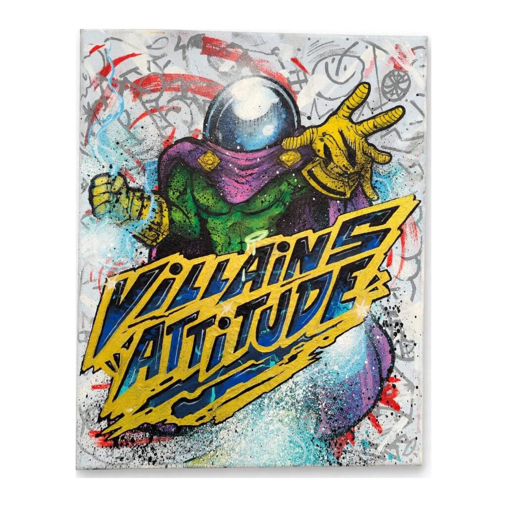 Quadro con un supereroe dal casco a sfera e la scritta Villains Attitude in giallo, realizzato dall'artista Foskia