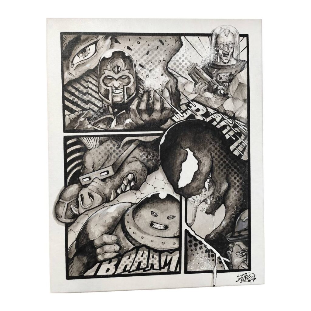 Quadro in bianco e nero composto come una tavola a fumetti con personaggi supereroi, realizzato dall'artista Foskia